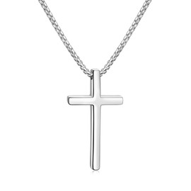 Fiusem Silver Tone Cross Necklace for Men, Mens Cross Necklaces with 2.5mm Cross Chain and Stainless Steel Cross Pendant Medium, Box Chain 18 Inch