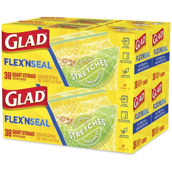 GLAD FLEXN' SEAL Quart Freezer Zipper Bags, Freezer Bags for Food Freshness Protection, Freezer Storage Bags, Microwave Safe, BPA Free, 38 Count (Pack of 4) - Package May Vary