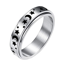 ANIEJUFI Stainless Steel Spinner Ring Moon and Star Anxiety Stress Relief Fidget Rings for Women Men Boys Teen Girls, Silver Size 10