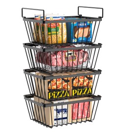 Wrrlors Freezer Organizers bins with Folding Handles，4 Pack Stackable Upright Freezer Organizers baskets for 5-7 Cu.Ft Deep Freezer Storage, Increased Space for Food Storage, Easy to access，Black