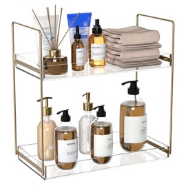 Bathroom Countertop Organizer, 2 Tier Acrylic Tray Vanity Counter Skincare Organizer Shelf, Kitchen Under Sink Standing Rack, Home Storage Holder for Lotion Makeup Cosmetics Perfume Spice, Gold