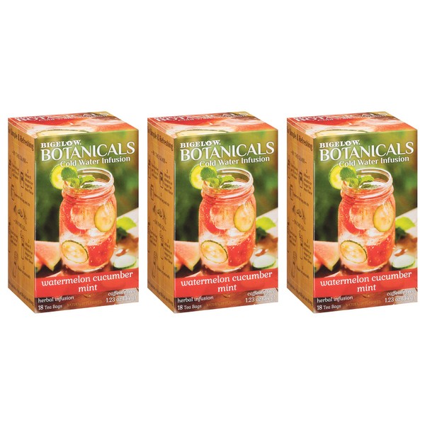 Bigelow Botanicals Cold Water Infusion Watermelon Cucumber Mint Tea Bags 18 Count Box (Pack of 3), Herbal Infusion, Caffeine Free, 54 Tea Bags Total