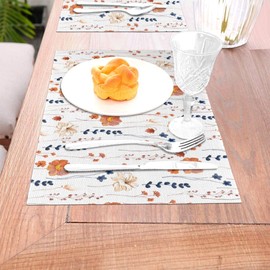 Watercolor Orange Floral Placemats Set of 4, Blue Orange Decorative Place Mats for Dining Tables Decor, Washable Linen Table Mats for Kitchen Spring Summer Outdoor Party Home Decor