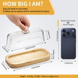 Glass Butter Dish with Lid & Bamboo Base, Butter Holder for Countertop & Refrigerator Door, Keeps Butter Soft, Covered Butter Dish Fits East & West Coast Butter, Ideal Housewarming Gift