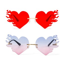 Melting Heart Flame sunglasses Women/men Trendy Rimless Party Cute Prom Glasses Novelty Heart Fire Flame Eyewear, Pink Blue+red, Medium