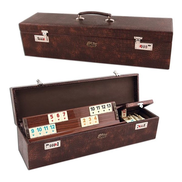 LaModaHome Star Elite Dark Polished Wooden Rummy/Okey/101 Game Set with Leather Tile Container, Dices and Leather Portable Bag, for Adults, Perfect for Game Night, Team Game, Outdoor, Indoor