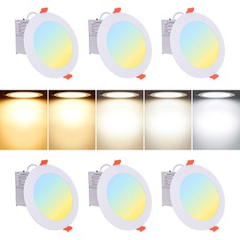 LISTOCASA 6 Inch LED Recessed Slim Pot Lights with Junction Box, Dimmable Slim Recessed Ceiling Lighting 5CCT Selectable, Downlight Panel Light 12W, 6 Packs