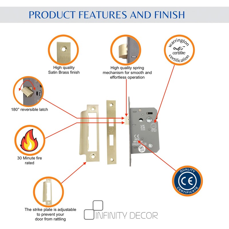 Infinity Decor Fire Rated Satin Brass 3 Lever Mortice Bathroom