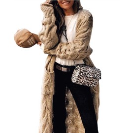 ZIWOCH Women's Long Cardigan Coats Cable Knit Casual Open Front Long Sleeve Loose Sweater with Pockets Khaki