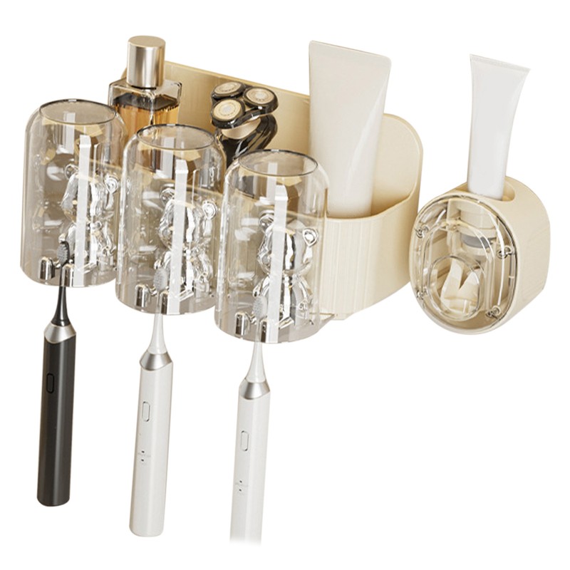 Cute Bear Toothbrush Shelf with Automatic Toothpaste Squeezer Plastic Punch