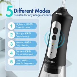BarberBoss Water Flosser, Portable Oral Irrigator, Electric Tooth Flosser, Plaque Remover for Teeth, Dental Flosser, Teeth Cleaning Kit, Cordless Water Flossers for Gum Health, QR-7025 (Black)