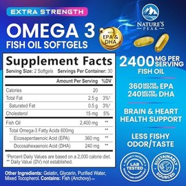 Natures Peak Suplemento de aceite de pescado Omega 3 de 2400 mg, de origen sostenible, cápsulas blandas de Omega-3 de triple potencia, que favorece