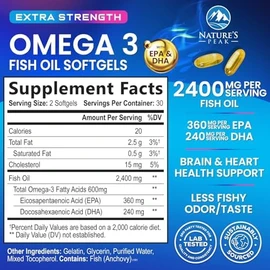 Natures Peak Suplemento de aceite de pescado Omega 3 de 2400 mg, de origen sostenible, cápsulas blandas de Omega-3 de triple potencia, que favorece