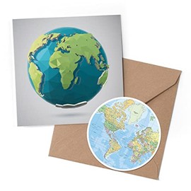 1 x Greeting Card & 10 cm Round Sticker Set - World Map Globe Earth - Birthday Thank You Friend Lover Fan Mum Dad Kids #170942