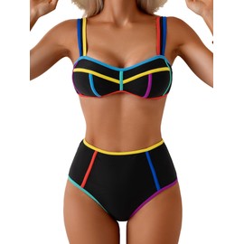 Eomenie Bikini Sets for Women Two Piece Swimsuits High Waisted Color Block Bathing Suits Tie Back Swimwear