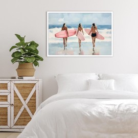 Coastal Cute Surfer Girl Aesthetic Decor Poster Coquette Pink Blue Summer Beach Preppy Print Minimalistic Beachy Wall Decor For Teen Girl Dorm Apartment Bedroom Living Room 12x16in Unframed