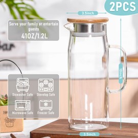 2 Pcs Glass Pitcher Water Pitcher with Lid Hot Cold Water Pitcher Bedside Water Carafe with Handle Heat Resistant Borosilicate Glass Jug for Fridge Beverage Carafe (41 oz,Stainless Steel, Bamboo)