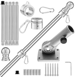 WSICSE 6 FT Flag Pole Holder for Outside House, Aluminum Alloy 180° Adjustable Bracket & Anti-Tangle Rings, Stainless Steel Flagpole Kits for Residential Outdoor Porch (Without Flag, Silver)