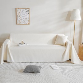 BUSVORES Decor Soft Couch Cover, Thick Chenille Sofa Slipcover with Tassel for Dogs Kids Skin Friendly Sectional Sofa Towel for 3 Cushion Sofa Towel Washable for Living Room (Beige, 71"x 118")