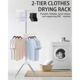 VewePata Foldable Clothes Drying Rack - 2 Tier Laundry Drying Rack, Portable Clothing Rack with Rotating Clothes Rail with 24 Clips and 3 Rotatable Arms, Suitable for Flats and Small Rooms