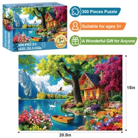 300 Piece Puzzles for Adults,Vintage Lake House Jigsaw Puzzle for Adults Kids Elderly,Large Piece Tree Puzzle for Kids Age 8-10 10-12,Challenging Landscape Puzzle,Family Game Great Gift 20.5x15in