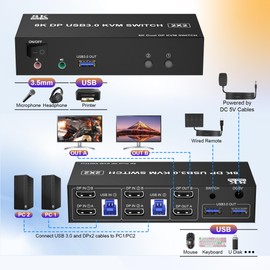 8K@60Hz USB 3.0 Displayport KVM Switch 2 Monitors 2 Computers, DP 1.4 Dual Monitor KVM Switch with Audio Microphone Output and 3 USB 3.0 Ports, Wired Remote and 2 USB Cables Included