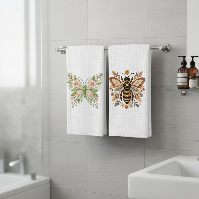 Floral Bee Butterfly Kitchen Towels 16x24 Inch Set of 2