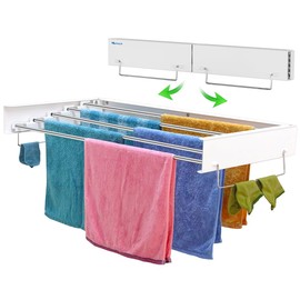 MaiHongda Invisible Wall Mounted Laundry Clothes Drying Rack Clothing Retractable Wall Hanger Collapsible Hanging Towel Holder for Laundry Bathroom Indoor/Outdoor(White,5 Rods,32")