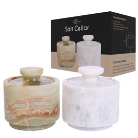 Marble Hives Marble Salt Cellar With Lid- Pack Of 2 Marble Salt And Pepper Bowls- Salt Holder With Lid To Put Salt, Paprika, Pepper, And Spice (Onyx Green & White, Style 01)