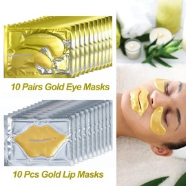 KlsyChry 24K Gold Gel Crystal Collagen Lip and Eye Mask Set, 10 Pairs Gold Eye Mask & 10 Pcs Gold Lip Mask for Moisturizing, Anti Wrinkle, Anti-Aging Hydrating Lips Patches and Under Eye Gel Pads