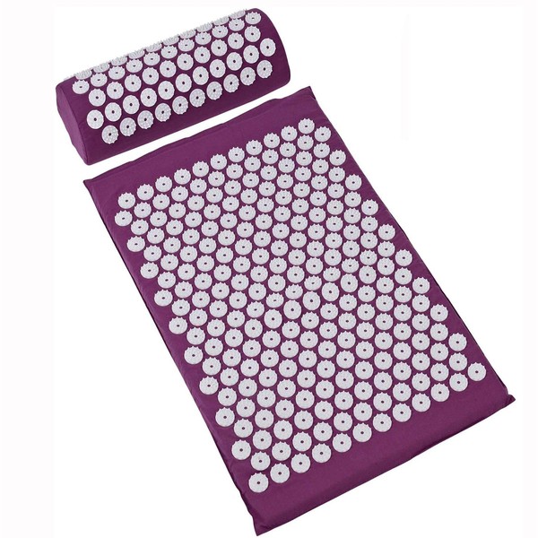 Hoollybanan Acupressure Mat and Pillow Massage Set with Carrying Bag for Back, Neck, Headaches Pain Relief-Relieves (Purple)