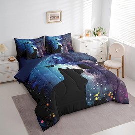 7 Pieces King Size Cute Cat Butterfly Comforter Set,Glitter Starry Sky Galaxy Bedding Set for Boys Girls,Cartoon Animals Pets Romantic(Comforter+Fitted+Flat Sheet+2 Pillowcases+2 Throw Pillow Covers)