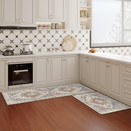 Boho Kitchen Rug Sets 2 Piece with Runner Non Slip Kitchen Rugs and Mats Washable Kitchen Mats for Floor Thick Kitchen Floor Mat Carpet Runner Rugs for Hallway Laundry Holiday Decor(Turmeric/Grey)