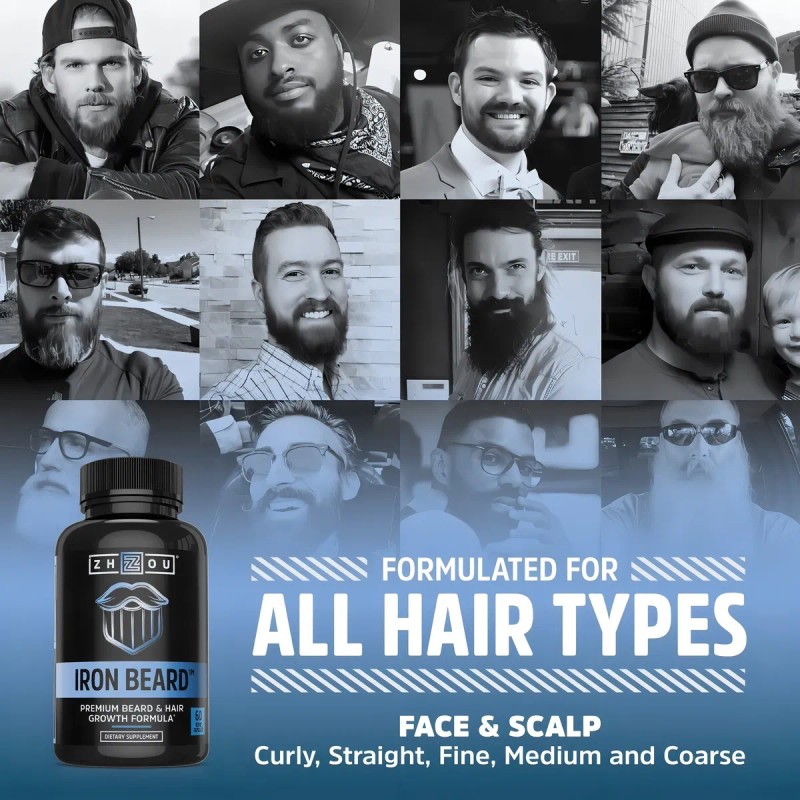 Zhou Iron Beard Suplemento Barba Biotina Multivitamínico 60 Cápsulas