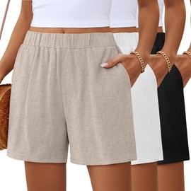 Ficerd 3 Pack Women's Casual Linen Shorts,Pleated High Waist Wide Leg Summer Elastic Comfy Trendy Shorts with Pockets(Black, White, Linen,Medium)