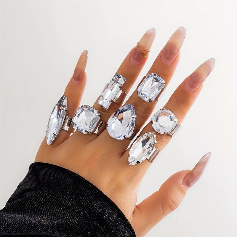 DZSYJKTM Sparkly Silver Chunky Crystal Rings Set for Women, Statement