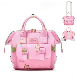 Small Diaper Bag Crossbody Backpack, 4 in 1 Mini Travel Mommy Tote w/Shoulder for Stroller, Small Toddler Daiper Tote with Insulated Pockets, Compact Baby Bag for Mom (Pink Animal)