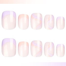 Sky Blue Tip Press On Nails With Orange Strips, Salon Quality Professional DIY Nails, Everyday Glossy Stick On Nails, Glue On Nails For Women and Girl Gift, Ready to Wear 24 Pcs Nail Kit, Reusable Fake Nails in 12 Sizes, Short Length Faux Nails.