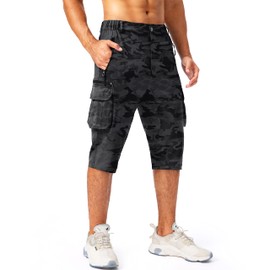 Pudolla Men's Capri Pants Quick Dry 3/4 Long Shorts with 6 Pockets for Fishing Golf Athletic Hiking, Black Camo, Medium
