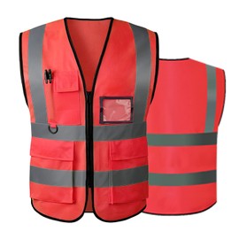 AKEIVN Hi Vis Vests for Women Men High Visibility Reflective Safety Security Vest with Pockets Zipper Front Meets ANSI/ISEA Standards(Large,Red(cloth))
