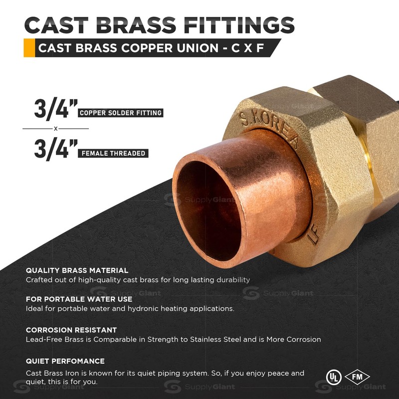 Everflow Supplies CCFU0034-NL 3/4" No Lead Copper Union Fitting with