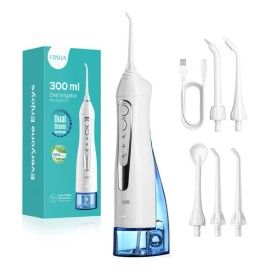 COSLUS Irrigador Bucal, Irrigador Dental Profesional con 5 Boquillas, 3 Modos, Tanque de Agua de 300 Ml, IPX7 Impermeable, Limpiador Bucal Recargable Portátil,water flosser Adecuado para viajes a casa