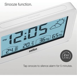 Braun Digital Weather Station Clock with Indoor and Outdoor Temperature and Humidity, Forecast, LCD Display, Quick-Set, Crescendo beep Alarm in White, Model BC13WP.
