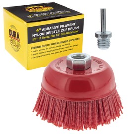 Dura-Gold 4" Abrasive Filament Nylon Bristle Cup Brush - 5/8" 11 Thread, 1/4" Hex Drill Shank Arbor, Coarse Grit Angle Grinder Brush for Truck Bed Liner Surface Prep, Sanding, Rust & Paint Removal