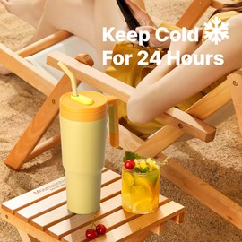 koodee 40 oz Tumbler with Straw and Lid Vacuum Insulated Stainless Steel Coffee Tumbler Cup with Handle for Women and Men, Leak Proof (Light Yellow)