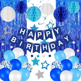 Bublonics Blue Birthday Decorations with 40pcs Blue Balloons White Clear Bobo Balloons ,Honeycomb Ball, Circle Dot Garland ,Blue Fringe Curtain,Birthday Decorations for Women Men Boys Girls