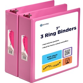 3 Inch Binder (2 Pack) Pink 3 Ring Binder 3 inch, Clear View Cover with 2 Inside Pockets, Three Ring Binders for Home, Office and School Supplies - Enday