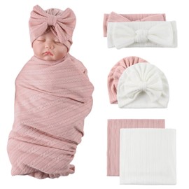 MniJiza Newborn Swaddle Blanket Baby Girls Receiving Blankets with Headband Beanie Hat Set Soft Nursery Swaddle Wrap (White+Skin Pink)