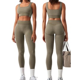 OLCHEE Womens Workout Sets 2 Piece Seamless Square Neck Sports Bra Padded Butt Lifting Leggings High Waist Yoga Gym Outfits - Olive Green Medium