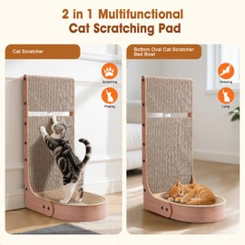 Cat Scratcher, 2 in 1 Multifunctional 26.8 Inch L Shape Cat Scratch Pad Wall Mounted with Oval Cat Bed Bowl and Built-in Toy Balls for Indoor Cats (1 PCS Cat Scratcher Include Toy Balls)